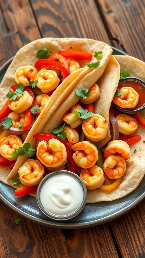 Air Fryer Shrimp Fajitas Recipe Air fryer shrimp fajitas with shrimp, bell peppers, and onions in tortillas, garnished with cilantro and served with dips.